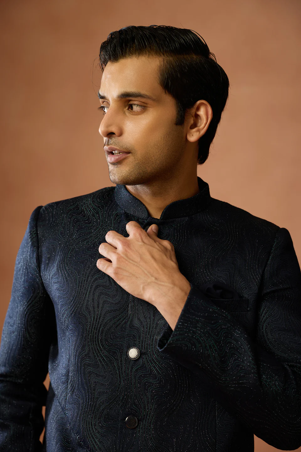 Navy Blue Textured Bandhgala Trouser Set - Image 5