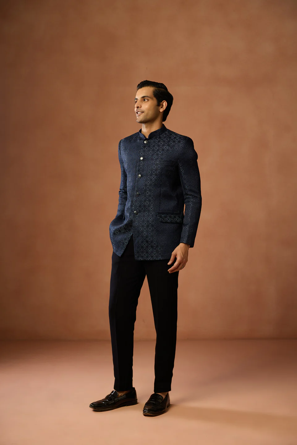 Navy Blue Silk Blend Woven Bandhgala Jodhpuri Set - Image 3