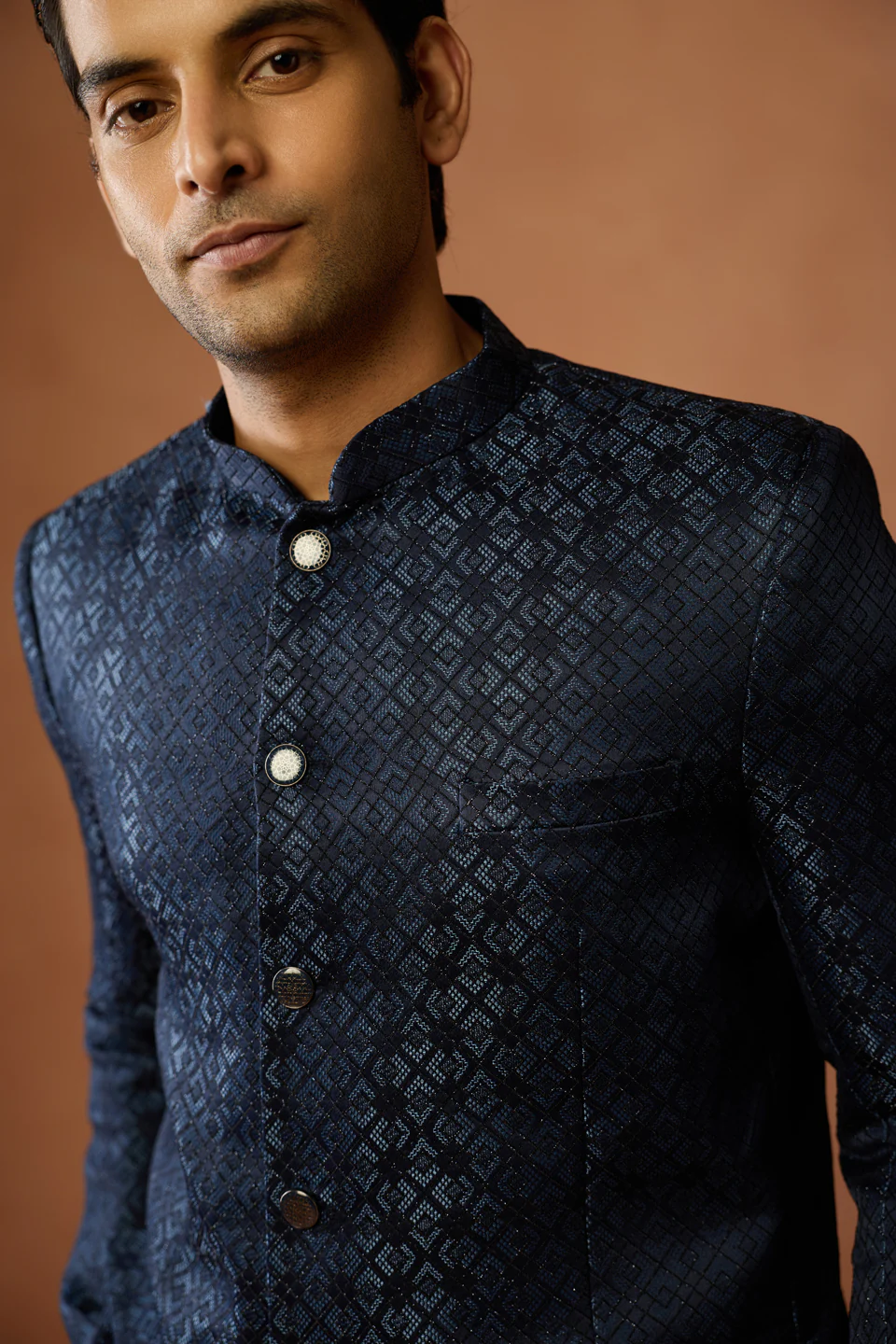 Navy Blue Silk Blend Woven Bandhgala Jodhpuri Set - Image 5