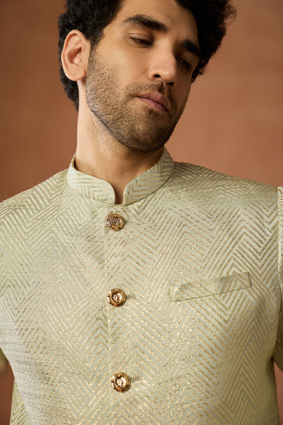 Cream Gold Silk Blend Textured Sherwani Set - Image 5