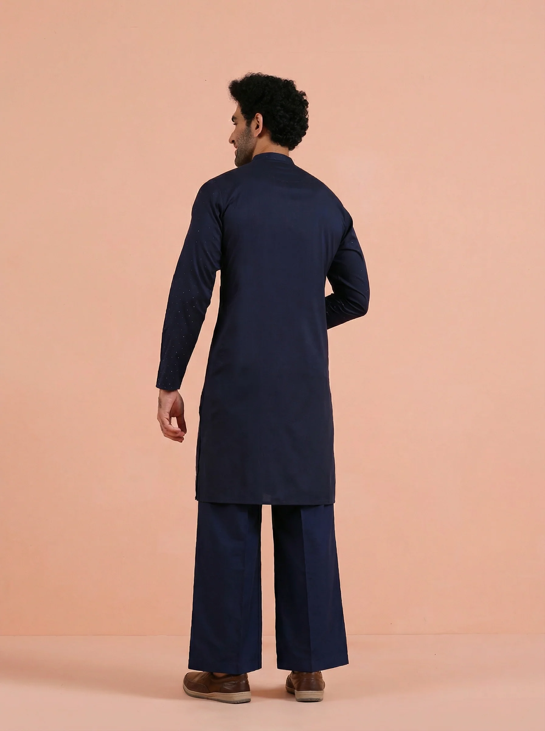 Blue Poly Silk Swarovski Kurta Wide Leg Trouser Set - Image 4