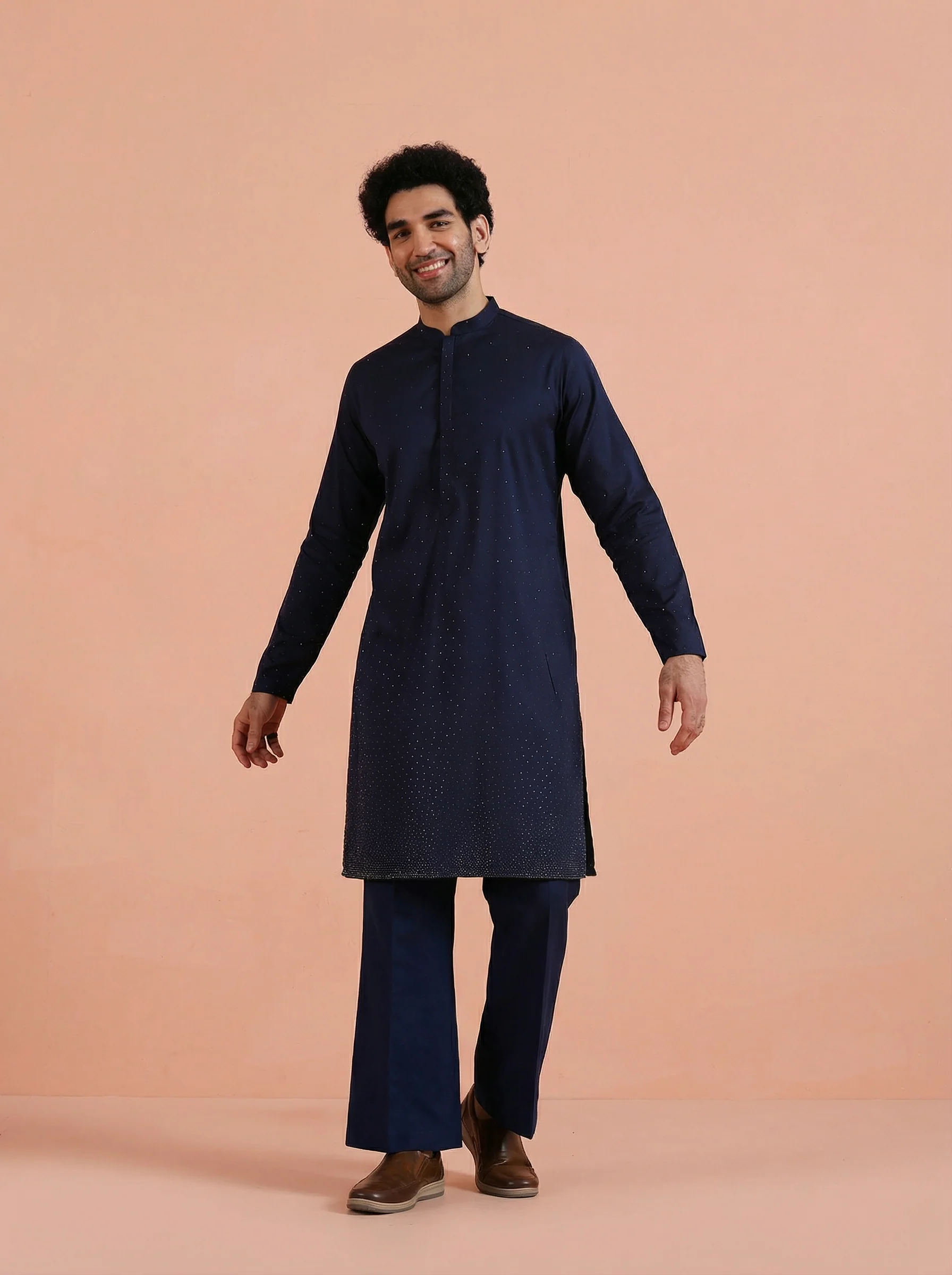 Blue Poly Silk Swarovski Kurta Wide Leg Trouser Set - Image 7