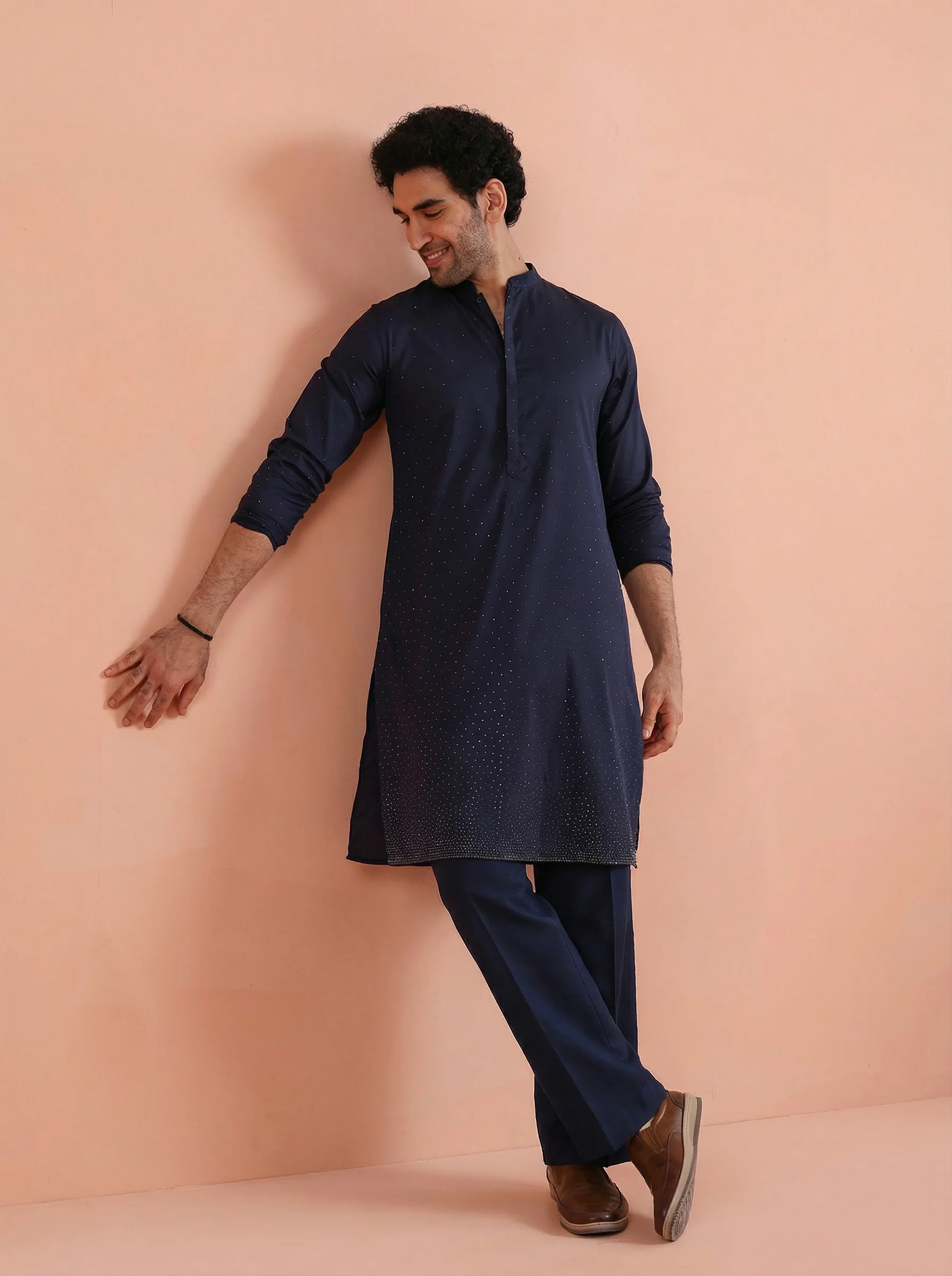 Blue Poly Silk Swarovski Kurta Wide Leg Trouser Set - Image 8