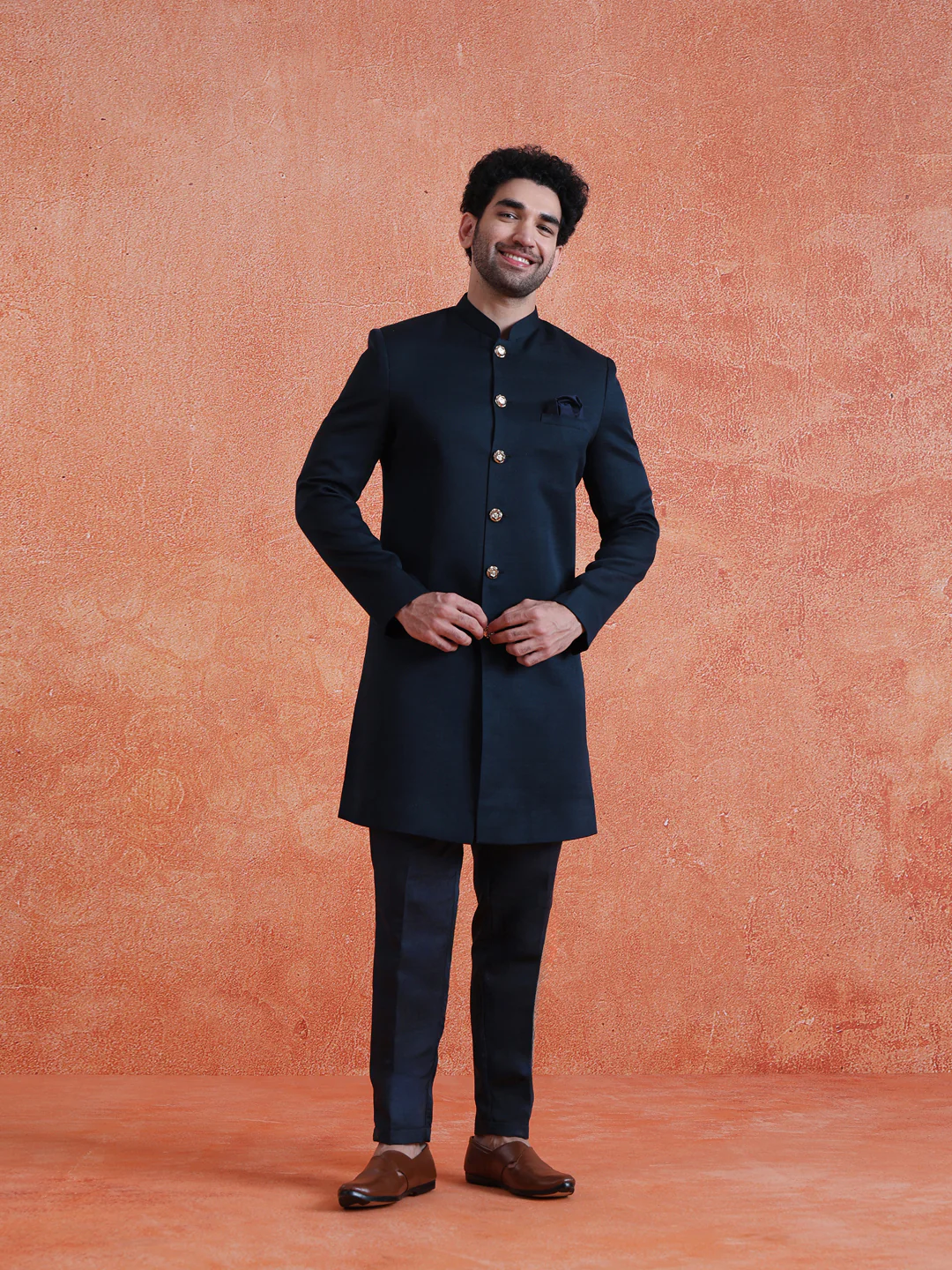 Blue Polyviscose Solid Sherwani Trouser Set - Image 8