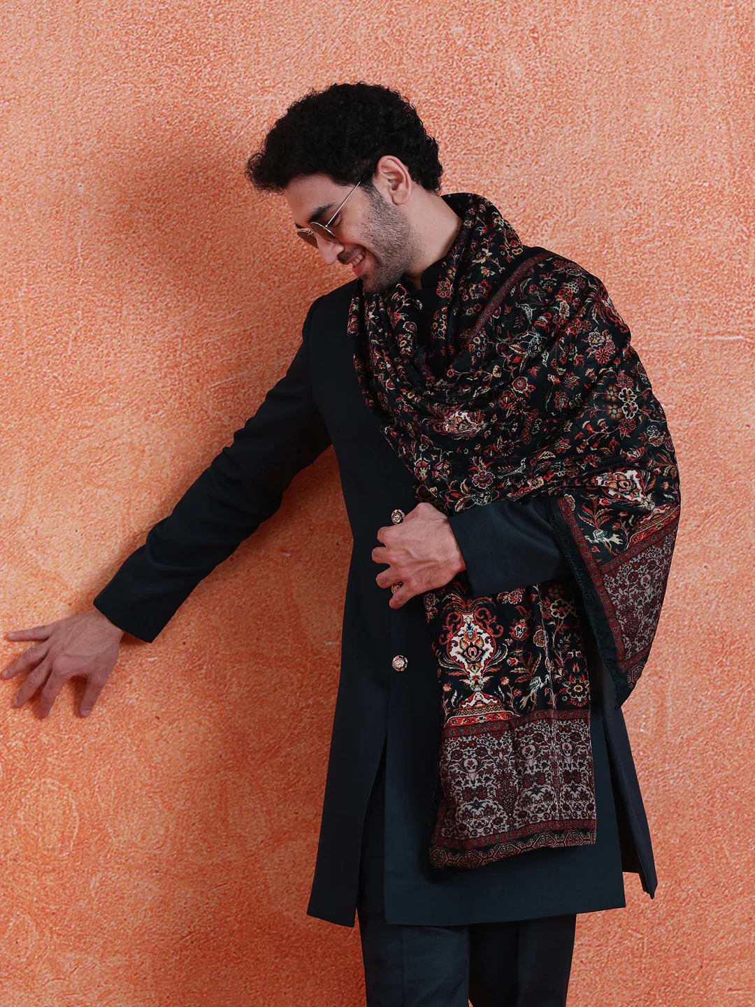 Blue Polyviscose Solid Sherwani Trouser Set With Velvet Dupatta - Image 10