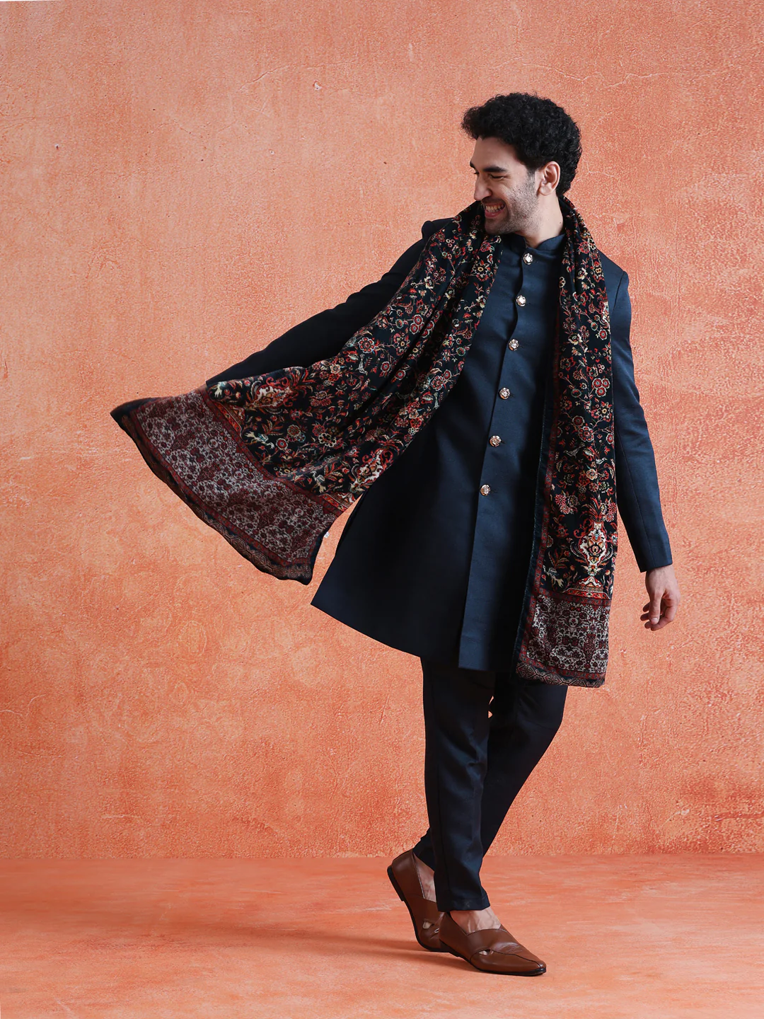 Blue Polyviscose Solid Sherwani Trouser Set With Velvet Dupatta - Image 3