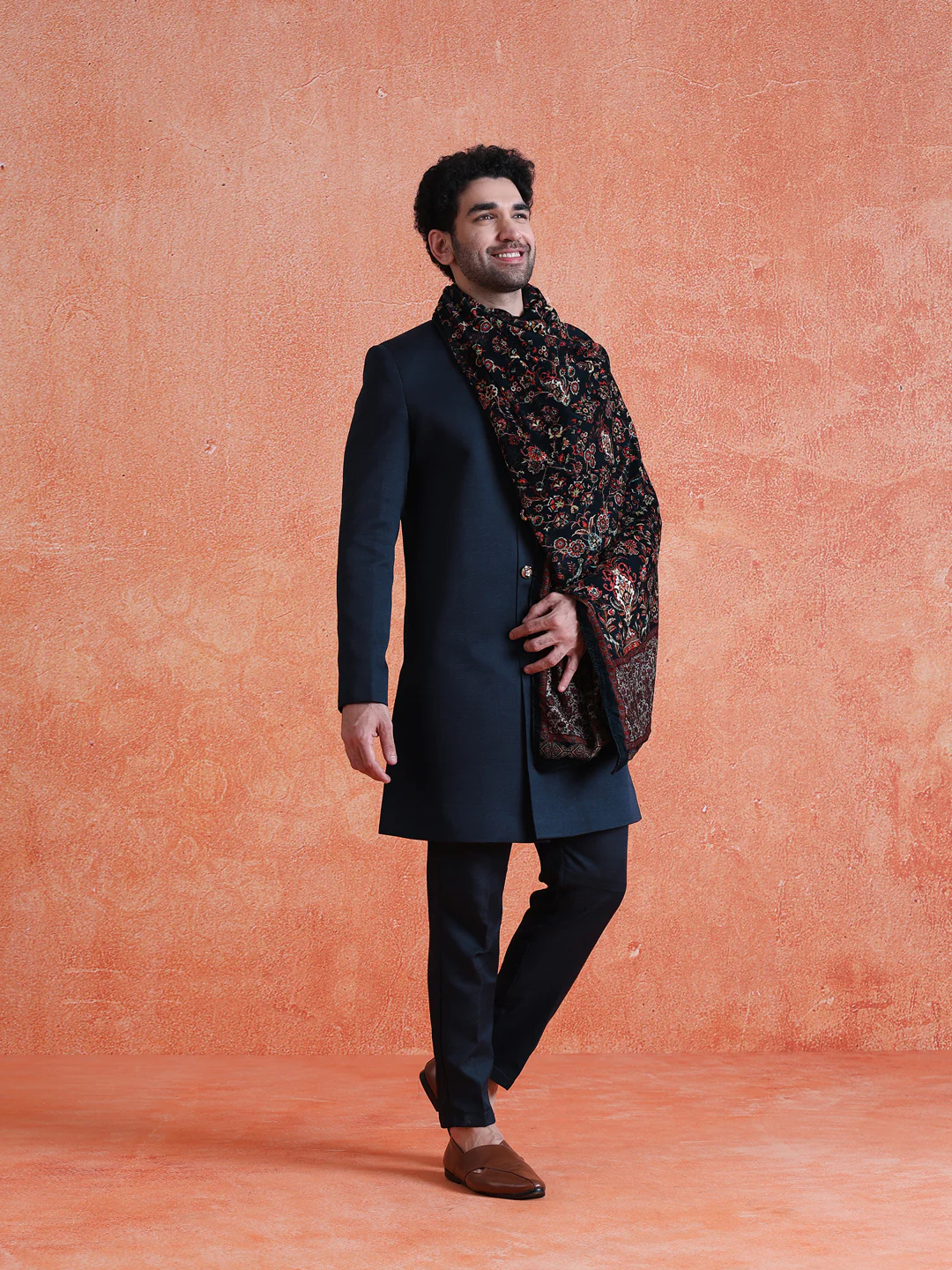 Blue Polyviscose Solid Sherwani Trouser Set With Velvet Dupatta - Image 7
