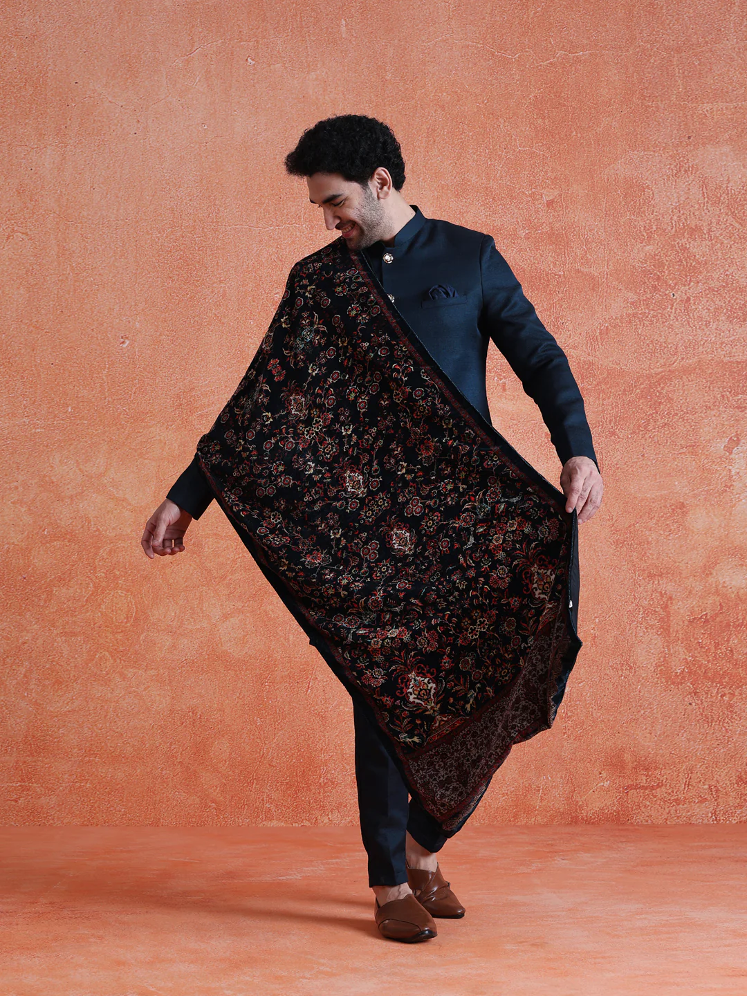 Blue Polyviscose Solid Sherwani Trouser Set With Velvet Dupatta - Image 8