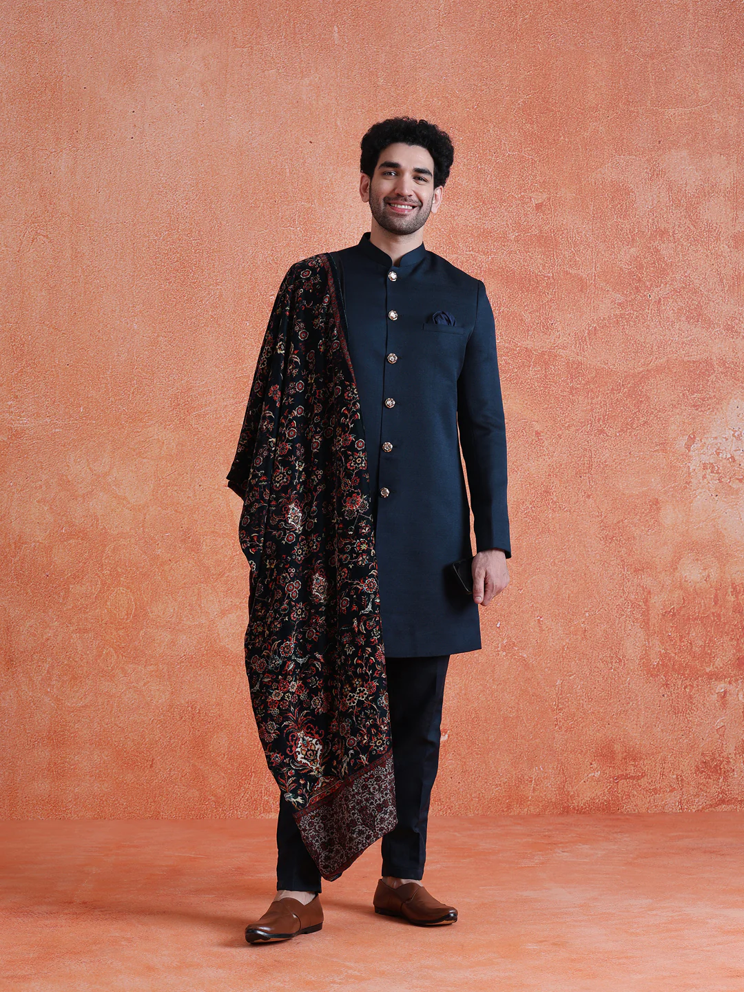 Blue Polyviscose Solid Sherwani Trouser Set With Velvet Dupatta - Image 9