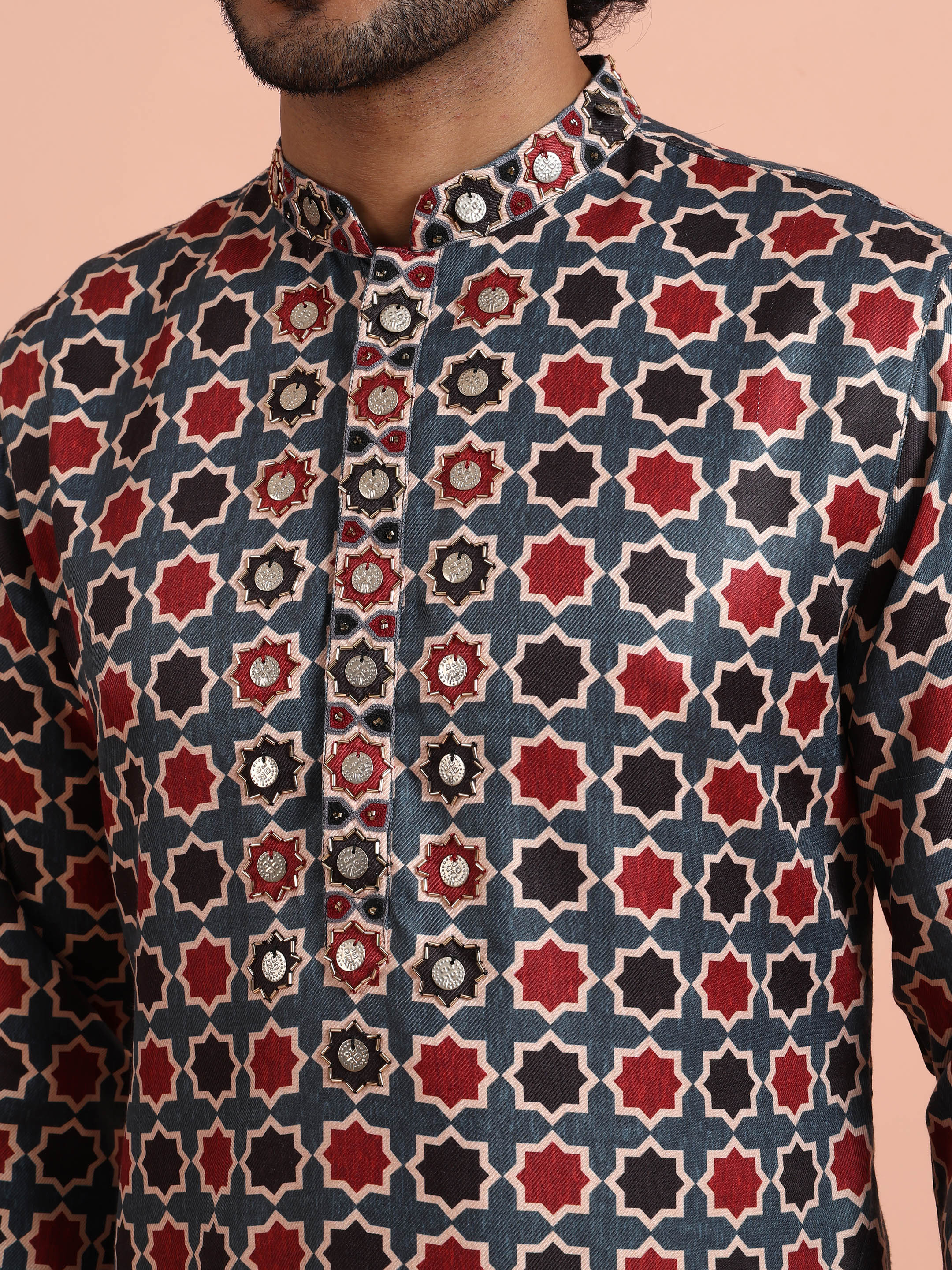 Blue Red Printed Art Silk Kurta Trouser - Image 3