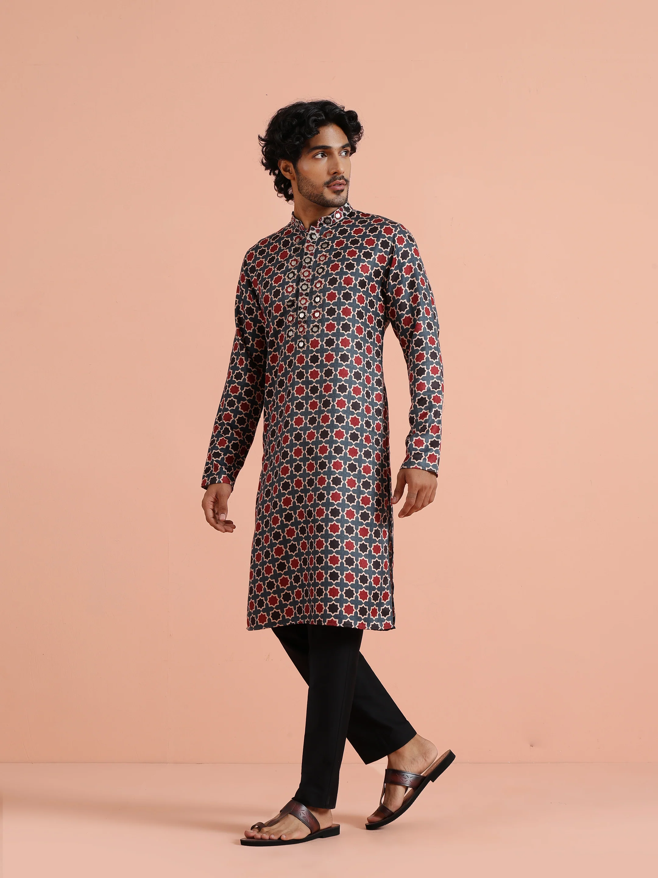 Blue Red Printed Art Silk Kurta Trouser - Image 8