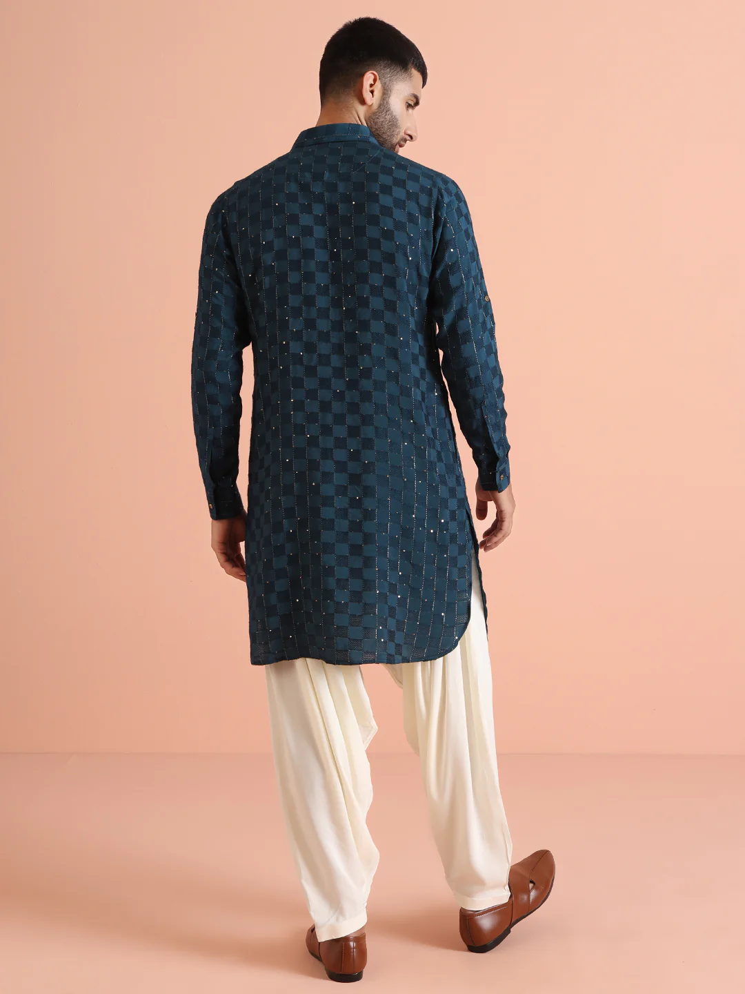 Blue Silk Blend Embellished Pathani Kurta Patiyala Set - Image 4