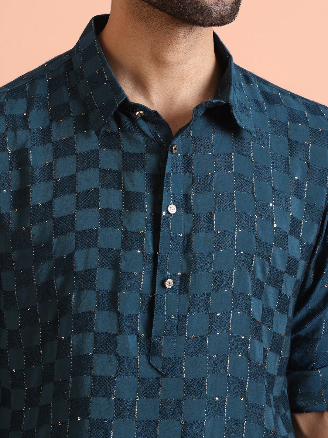 Blue Silk Blend Embellished Pathani Kurta Patiyala Set - Image 5