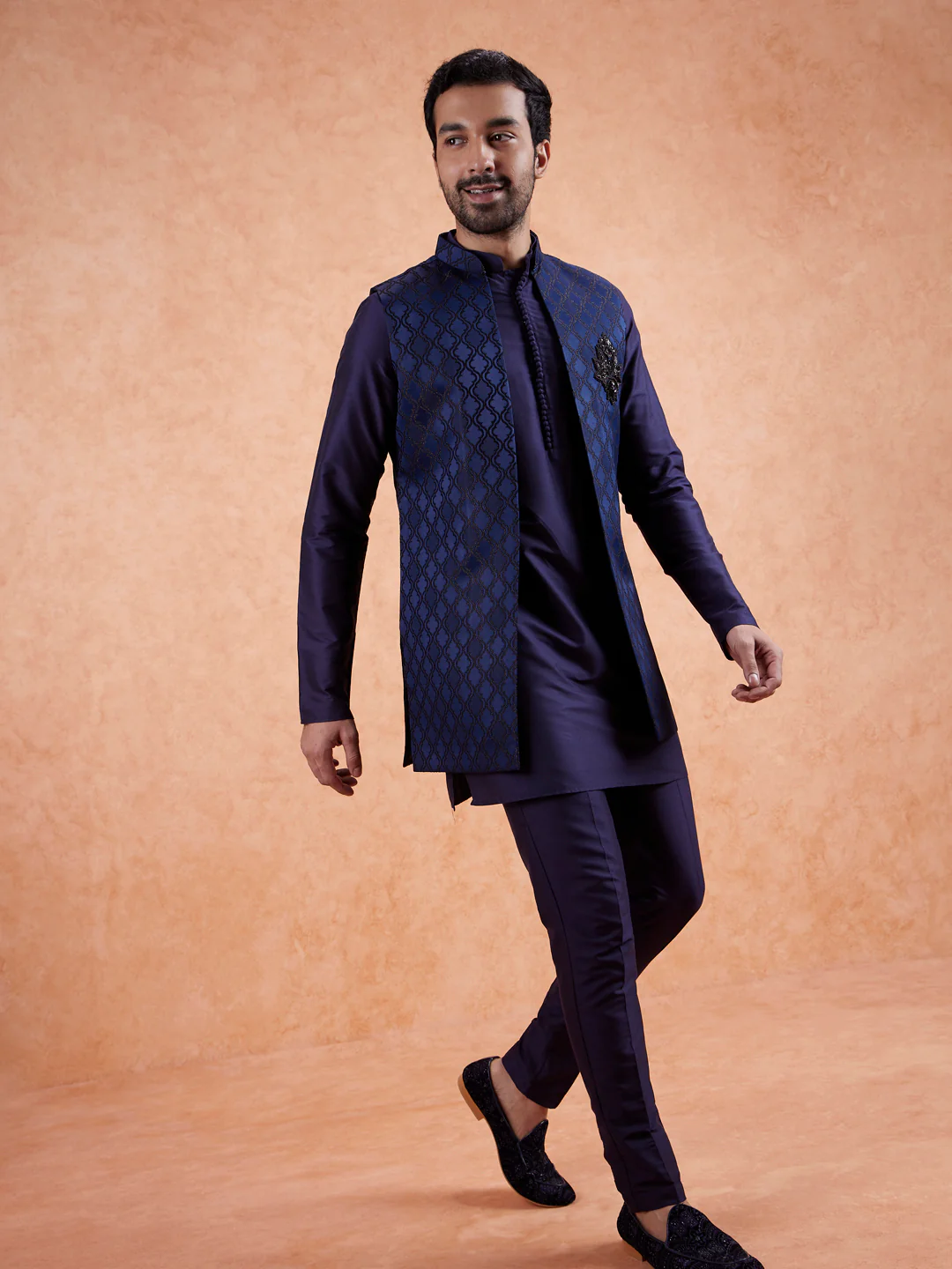 Navy Front Open Brooch Jacket Kurta Set - Image 10