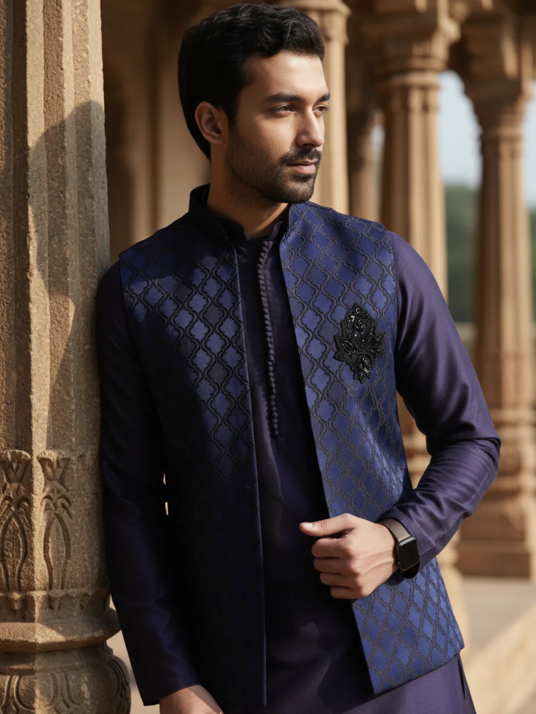 Navy Front Open Brooch Jacket Kurta Set - Image 11