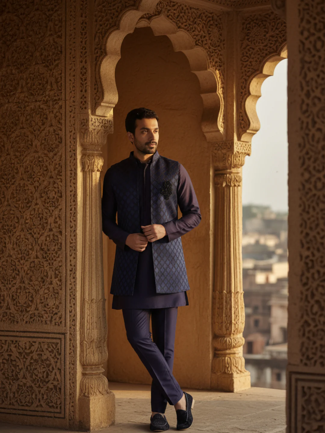 Navy Front Open Brooch Jacket Kurta Set - Image 12