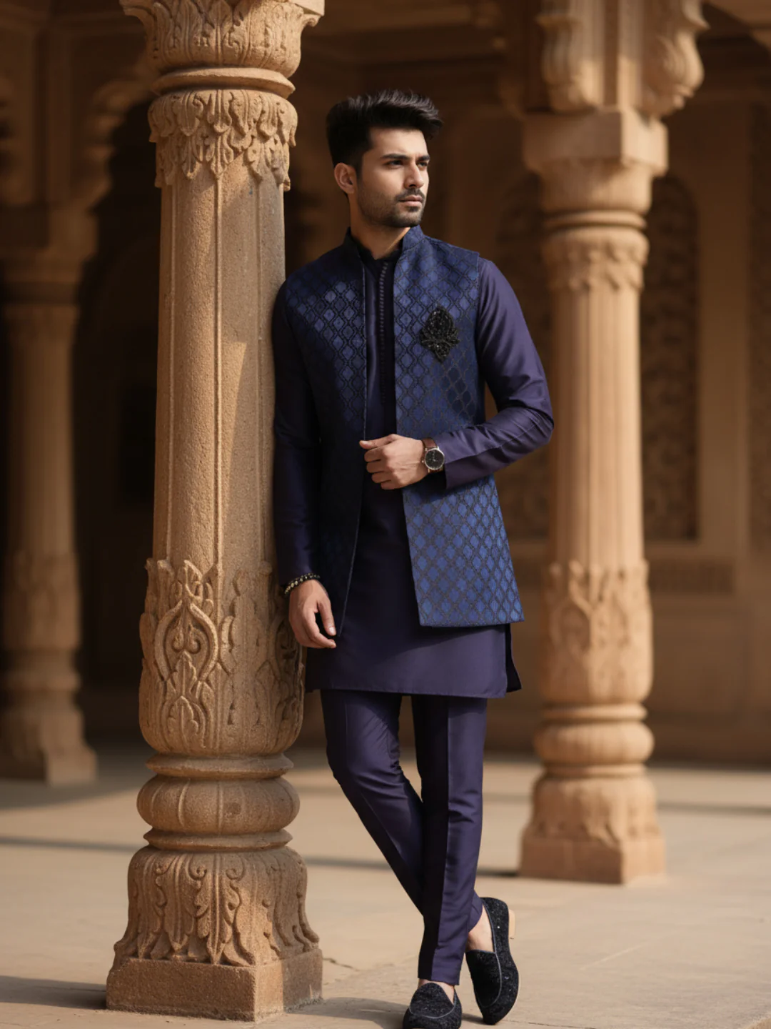 Navy Front Open Brooch Jacket Kurta Set - Image 2
