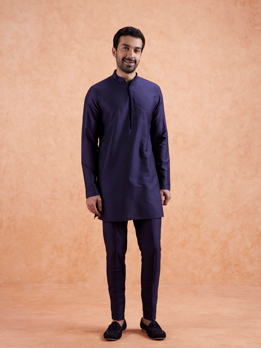 Navy Front Open Brooch Jacket Kurta Set - Image 3