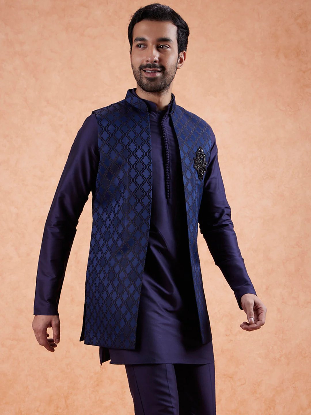 Navy Front Open Brooch Jacket Kurta Set - Image 4