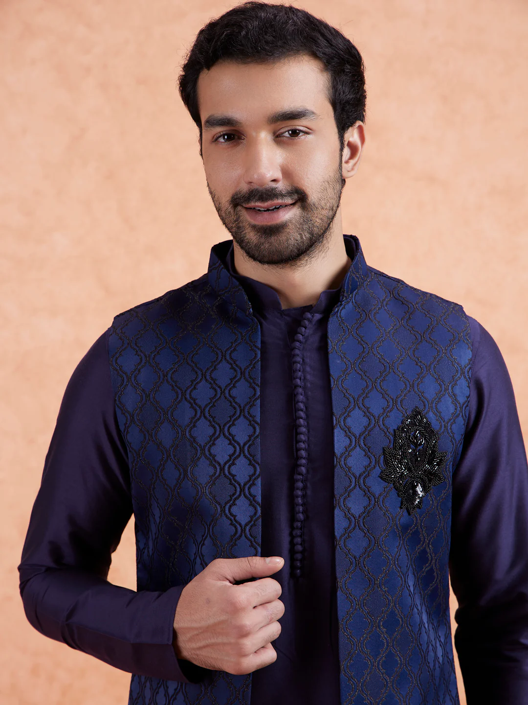 Navy Front Open Brooch Jacket Kurta Set - Image 5