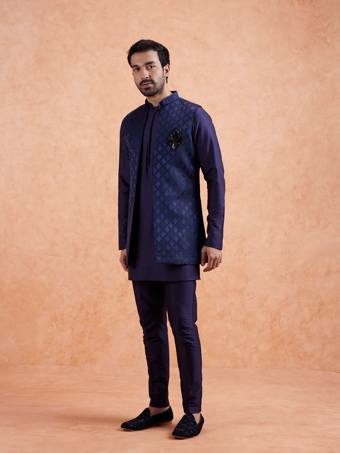 Navy Front Open Brooch Jacket Kurta Set - Image 6