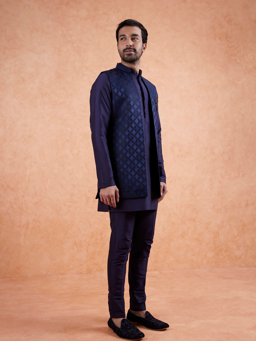 Navy Front Open Brooch Jacket Kurta Set - Image 7