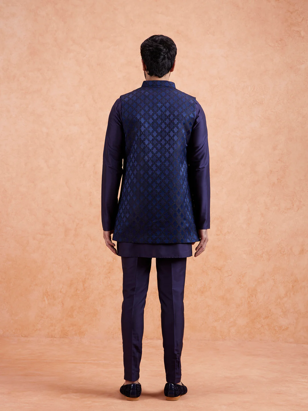Navy Front Open Brooch Jacket Kurta Set - Image 8
