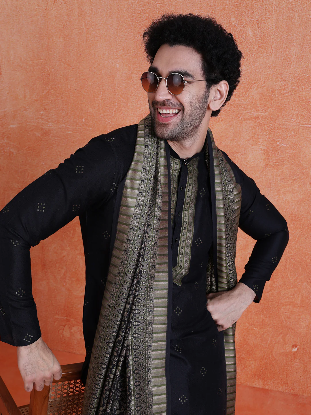 Blue Silk Blend Jacquard Kurta Trouser Set With Dupatta - Image 10