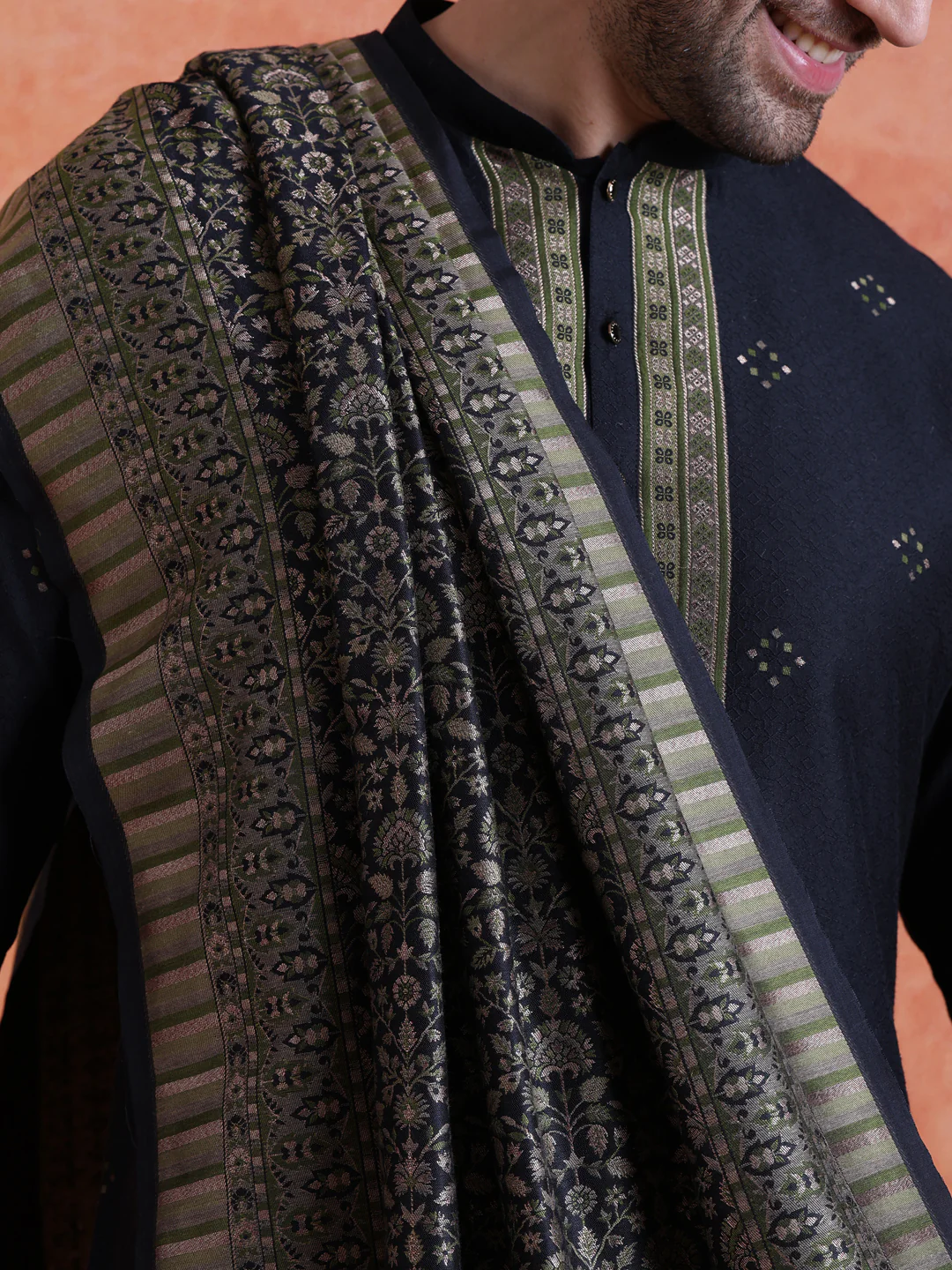 Blue Silk Blend Jacquard Kurta Trouser Set With Dupatta - Image 5