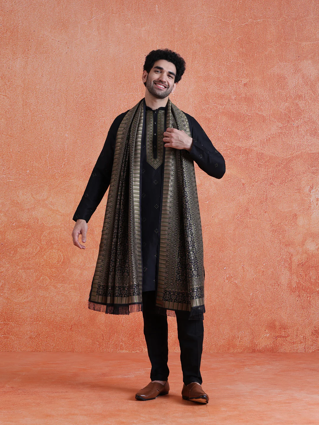 Blue Silk Blend Jacquard Kurta Trouser Set With Dupatta - Image 7