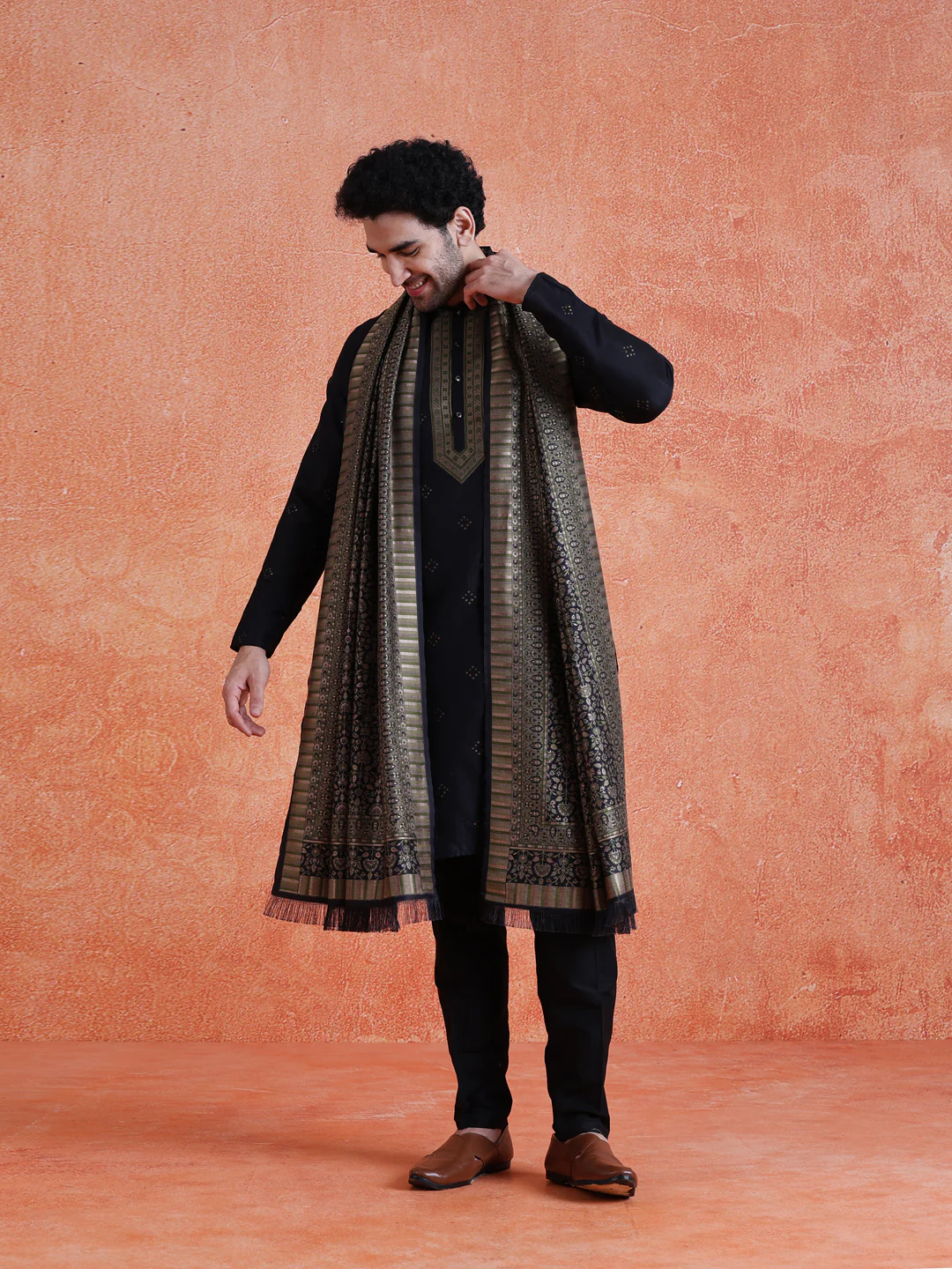 Blue Silk Blend Jacquard Kurta Trouser Set With Dupatta - Image 8