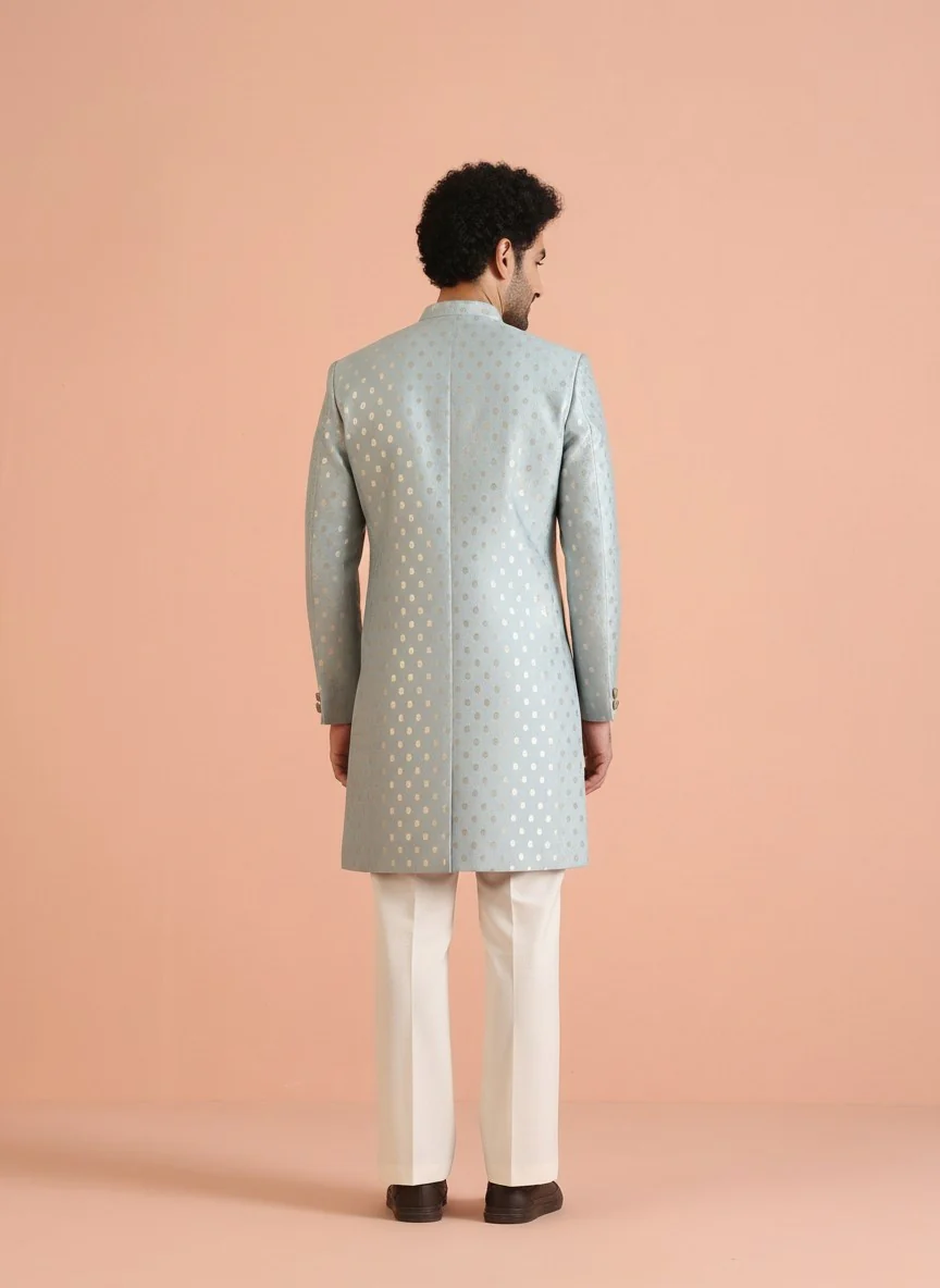 Blue Silk Blend Jacquard Sherwani Wide Leg Trouser Set - Image 3