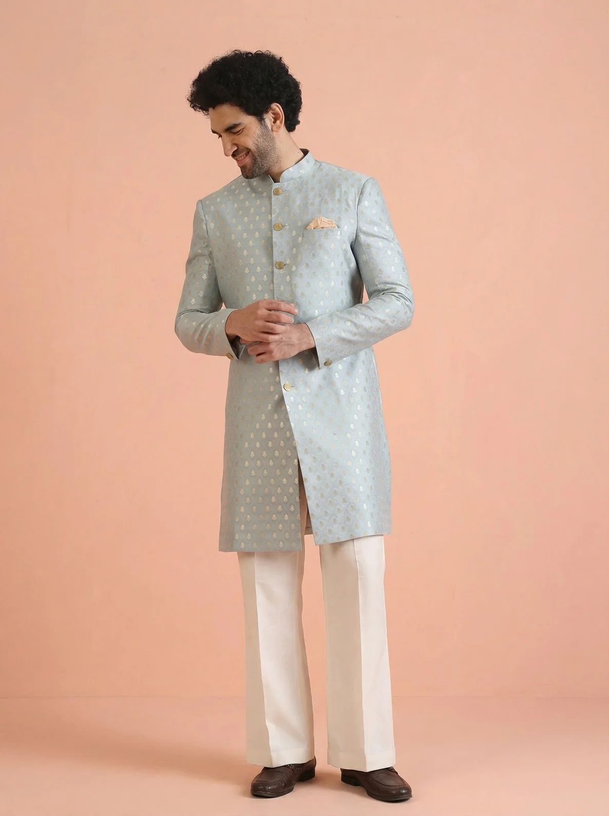Blue Silk Blend Jacquard Sherwani Wide Leg Trouser Set - Image 7