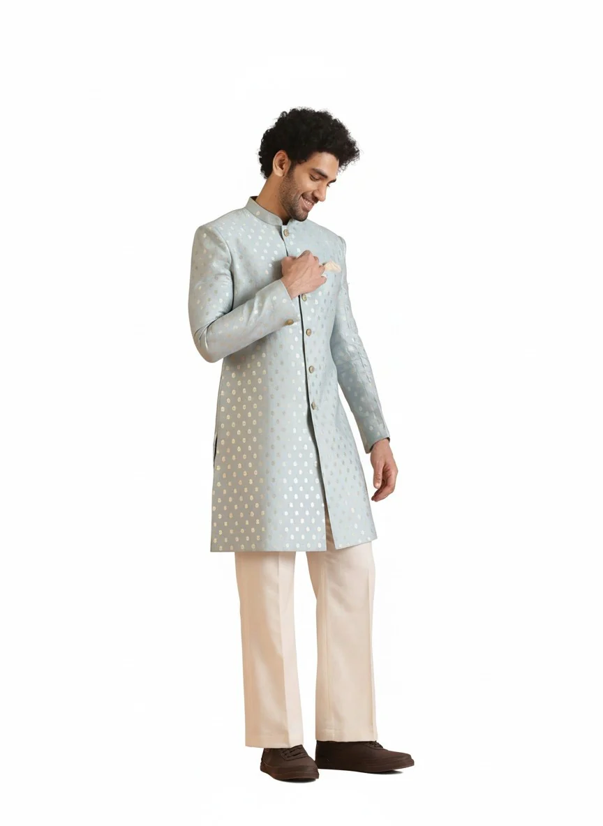 Blue Silk Blend Jacquard Sherwani Wide Leg Trouser Set - Image 9
