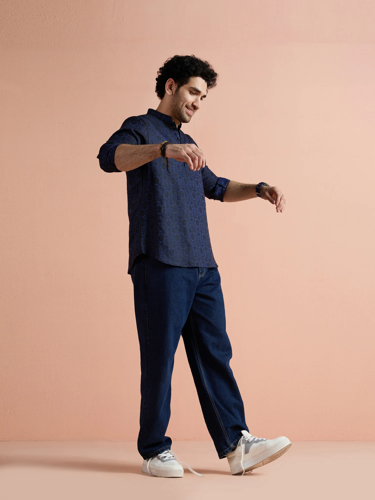 Blue Silk Blend Jacquard Short Kurta - Image 2