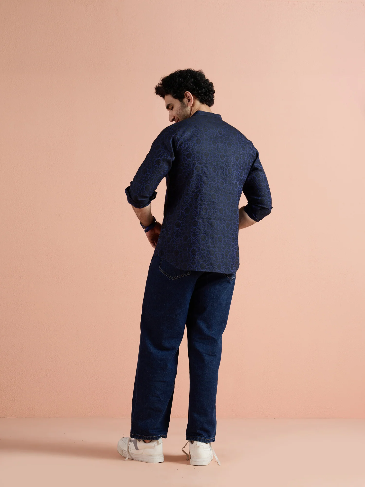 Blue Silk Blend Jacquard Short Kurta - Image 4