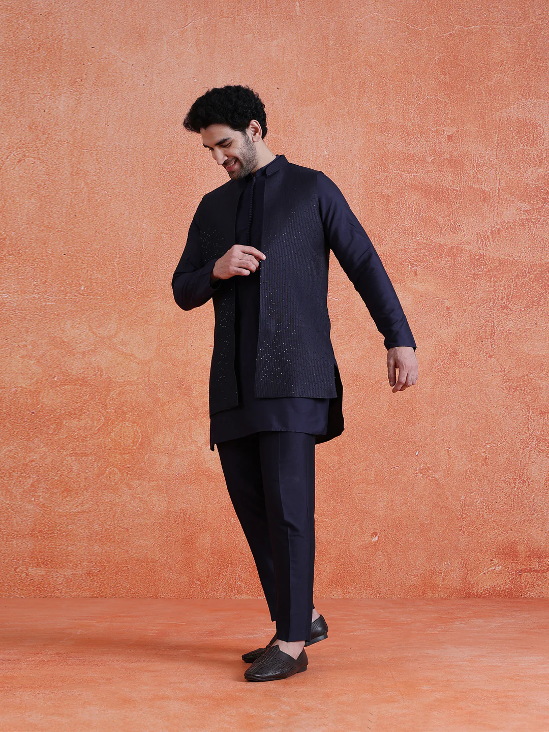 Blue Silk Blend Sequin Mid Kurta Front Open Long Jacket Trouser Set - Image 3