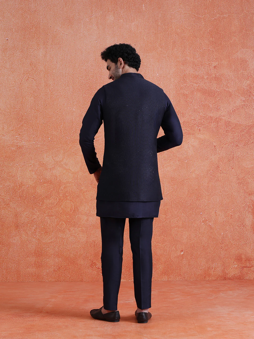 Blue Silk Blend Sequin Mid Kurta Front Open Long Jacket Trouser Set - Image 4