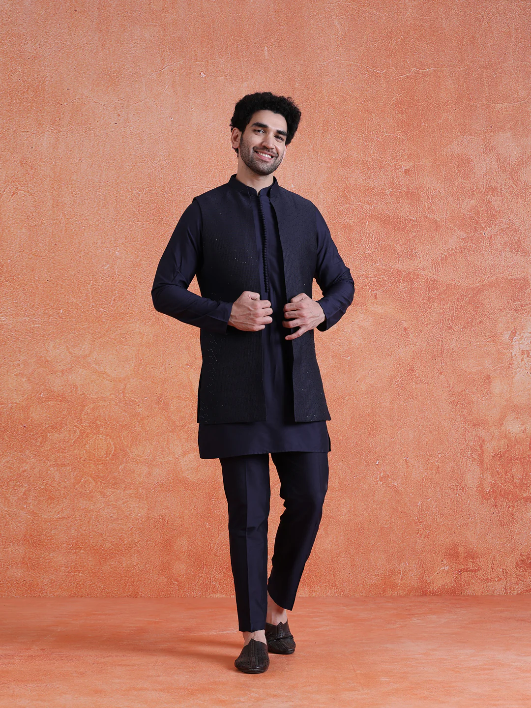 Blue Silk Blend Sequin Mid Kurta Front Open Long Jacket Trouser Set - Image 7