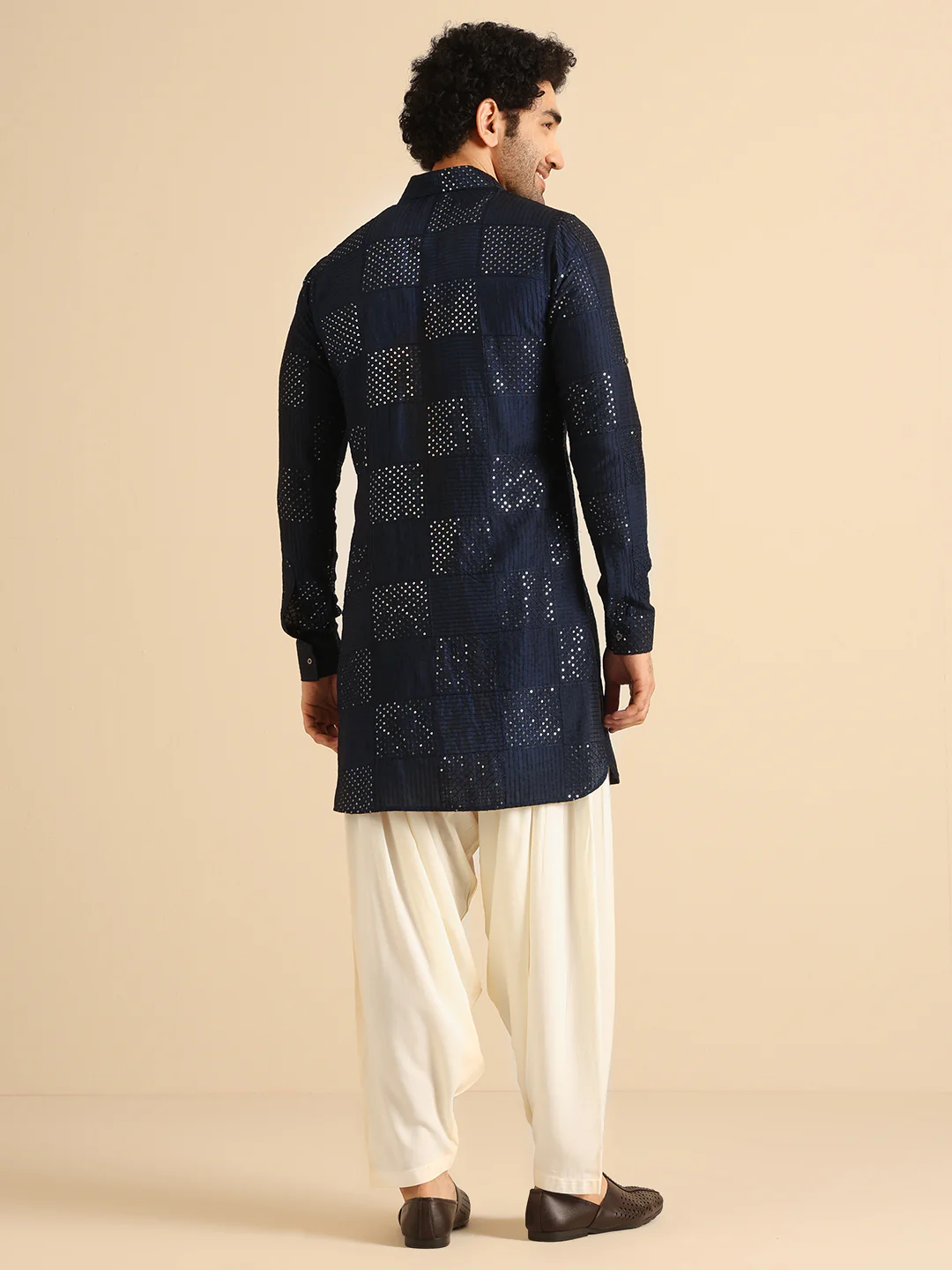 Blue Silk Blend Textured Embroidered Pathani Kurta Patiyala Set - Image 4