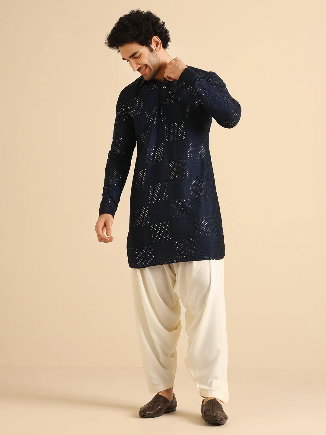 Blue Silk Blend Textured Embroidered Pathani Kurta Patiyala Set - Image 8