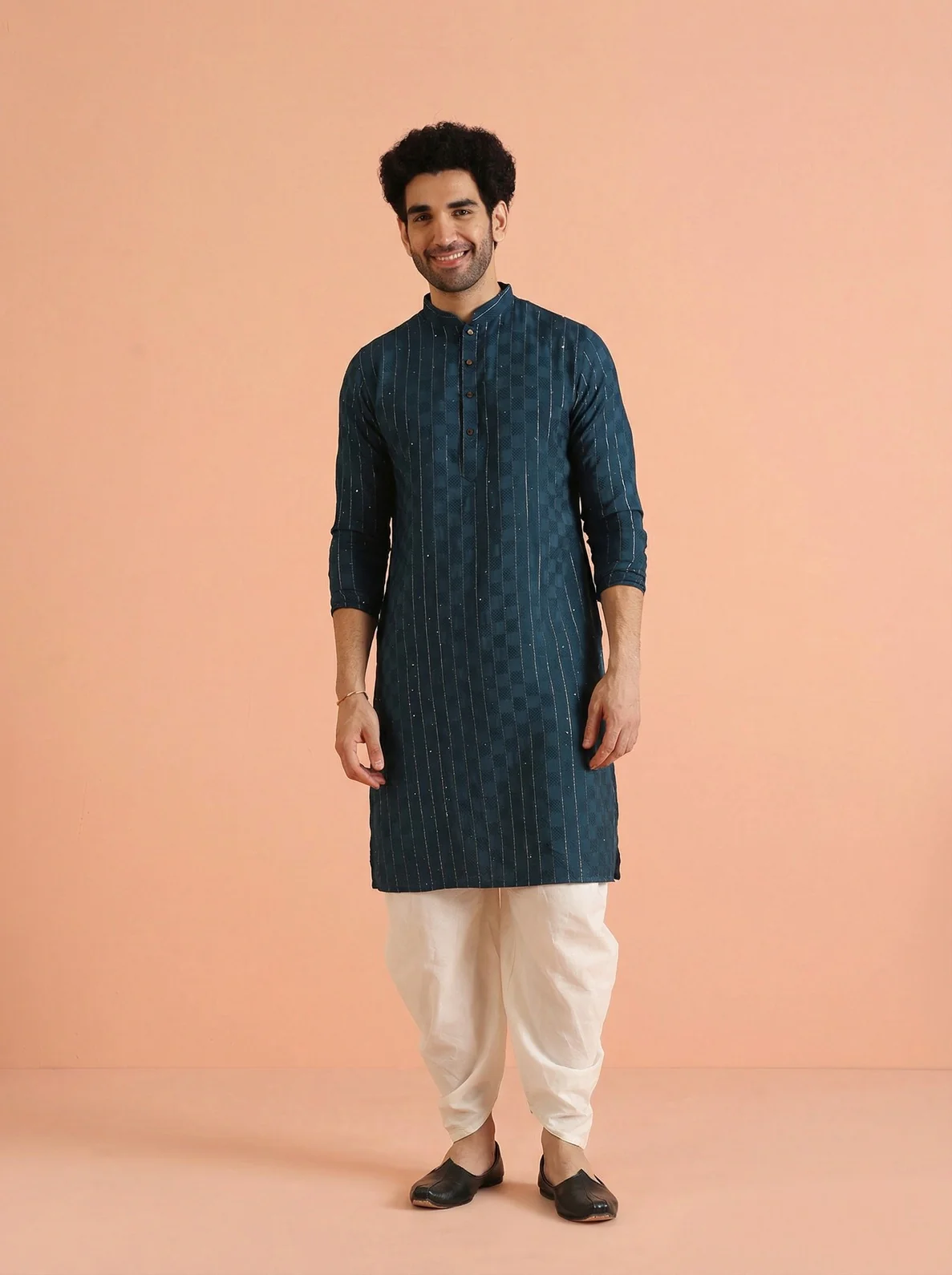 Blue Silk Blend Textured Kurta Dhoti Set - Image 6