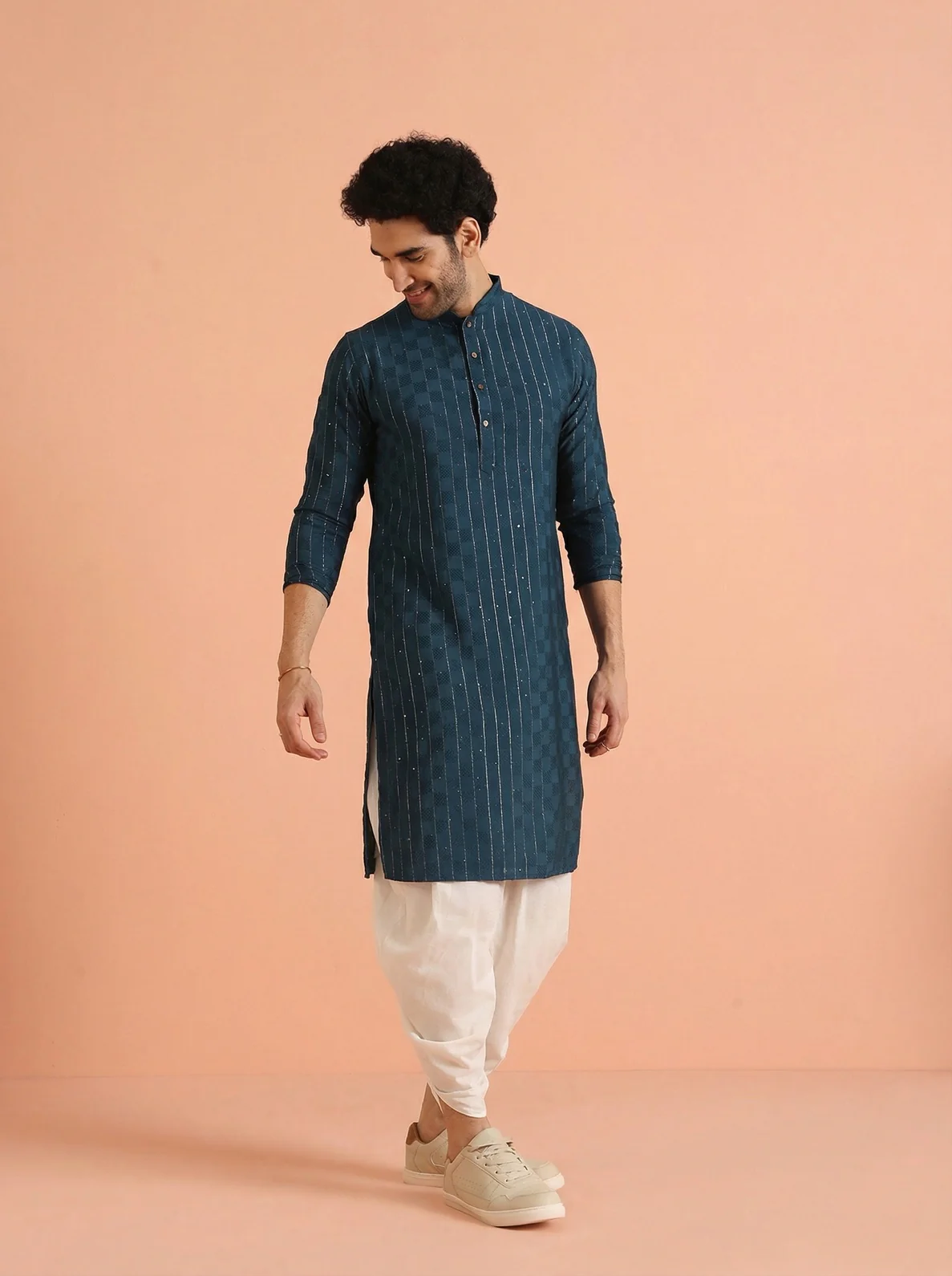 Blue Silk Blend Textured Kurta Dhoti Set - Image 7