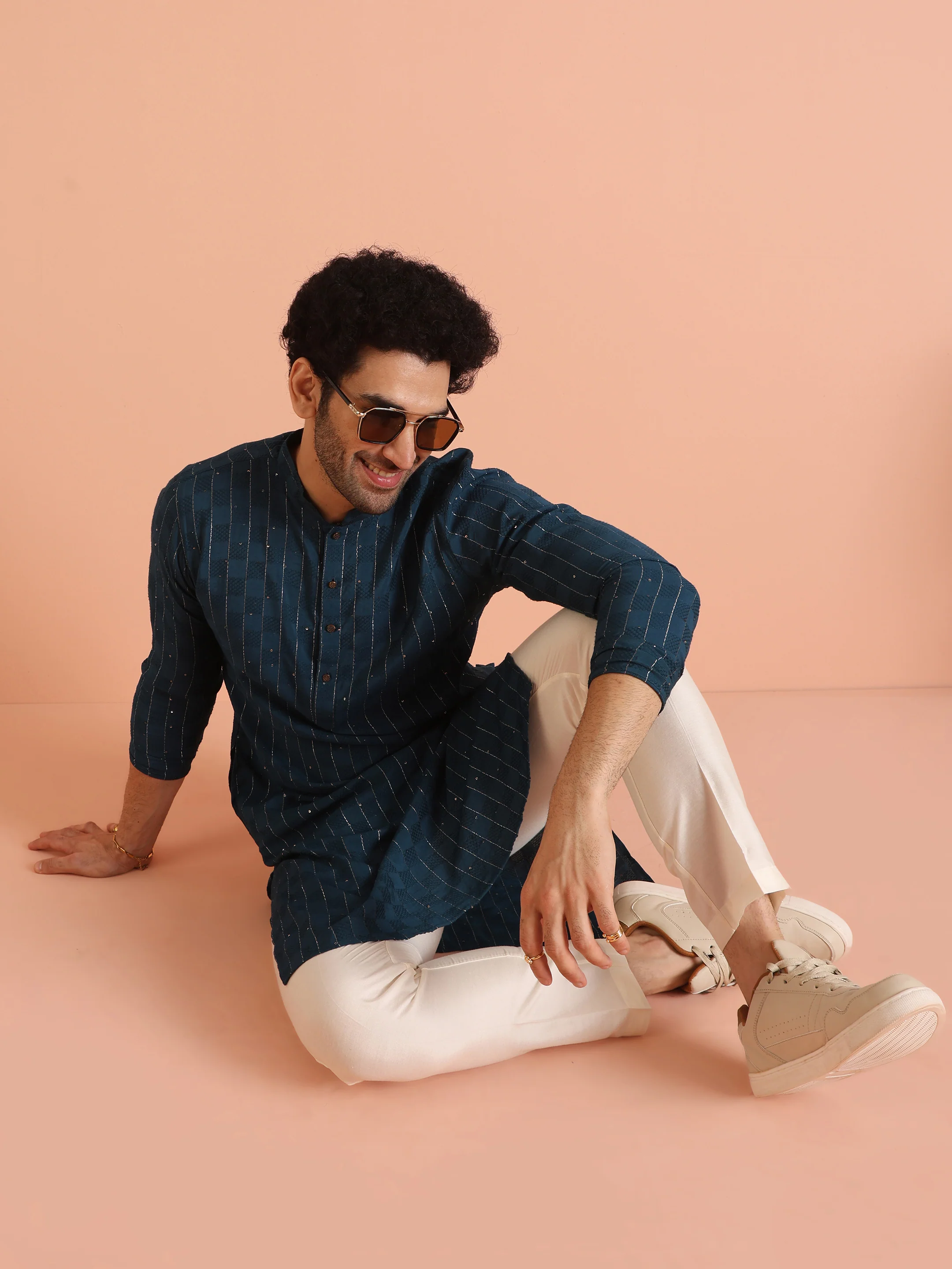 Blue Silk Blend Textured Kurta Trouser Set - Image 7
