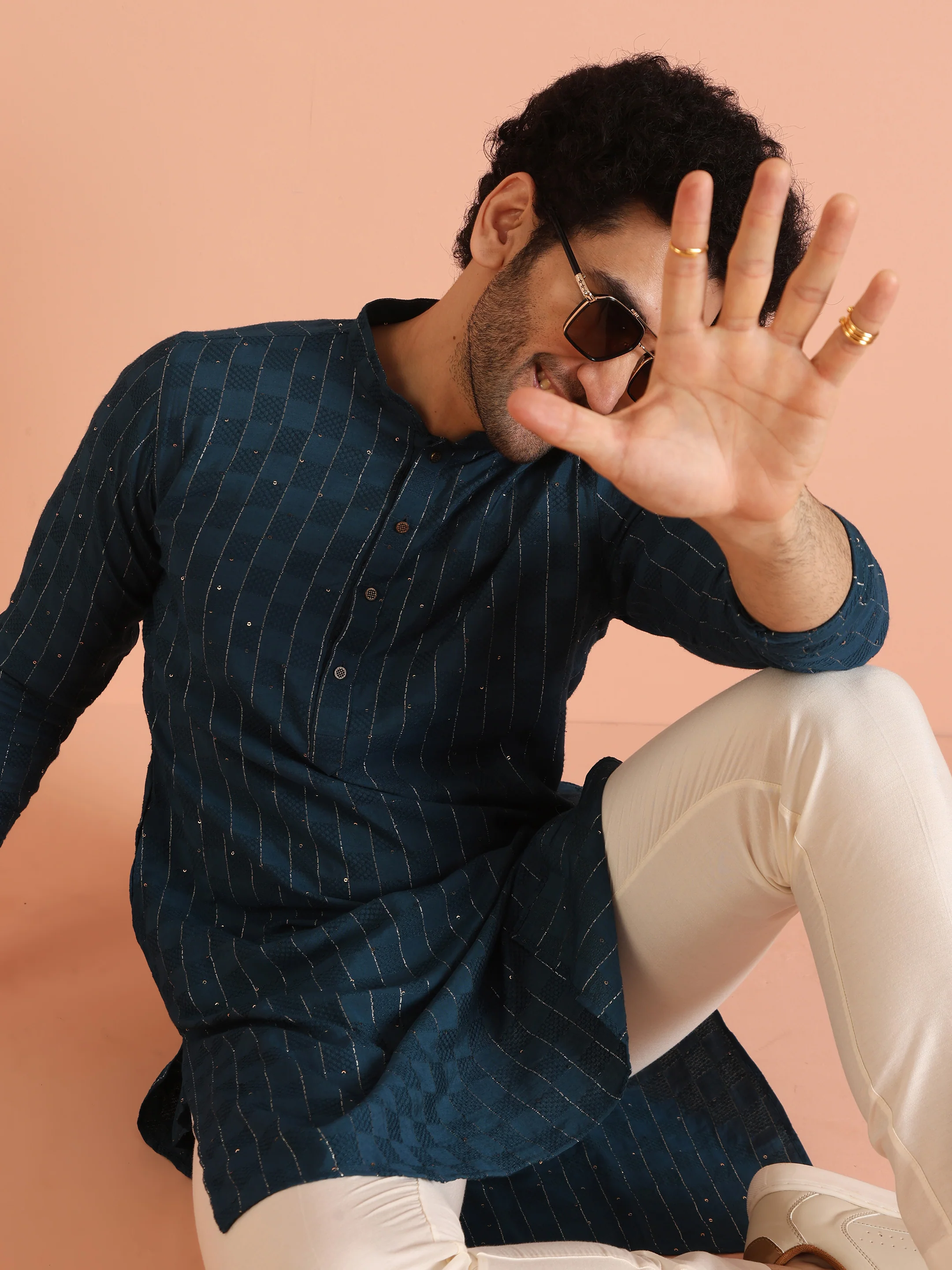 Blue Silk Blend Textured Kurta Trouser Set - Image 8