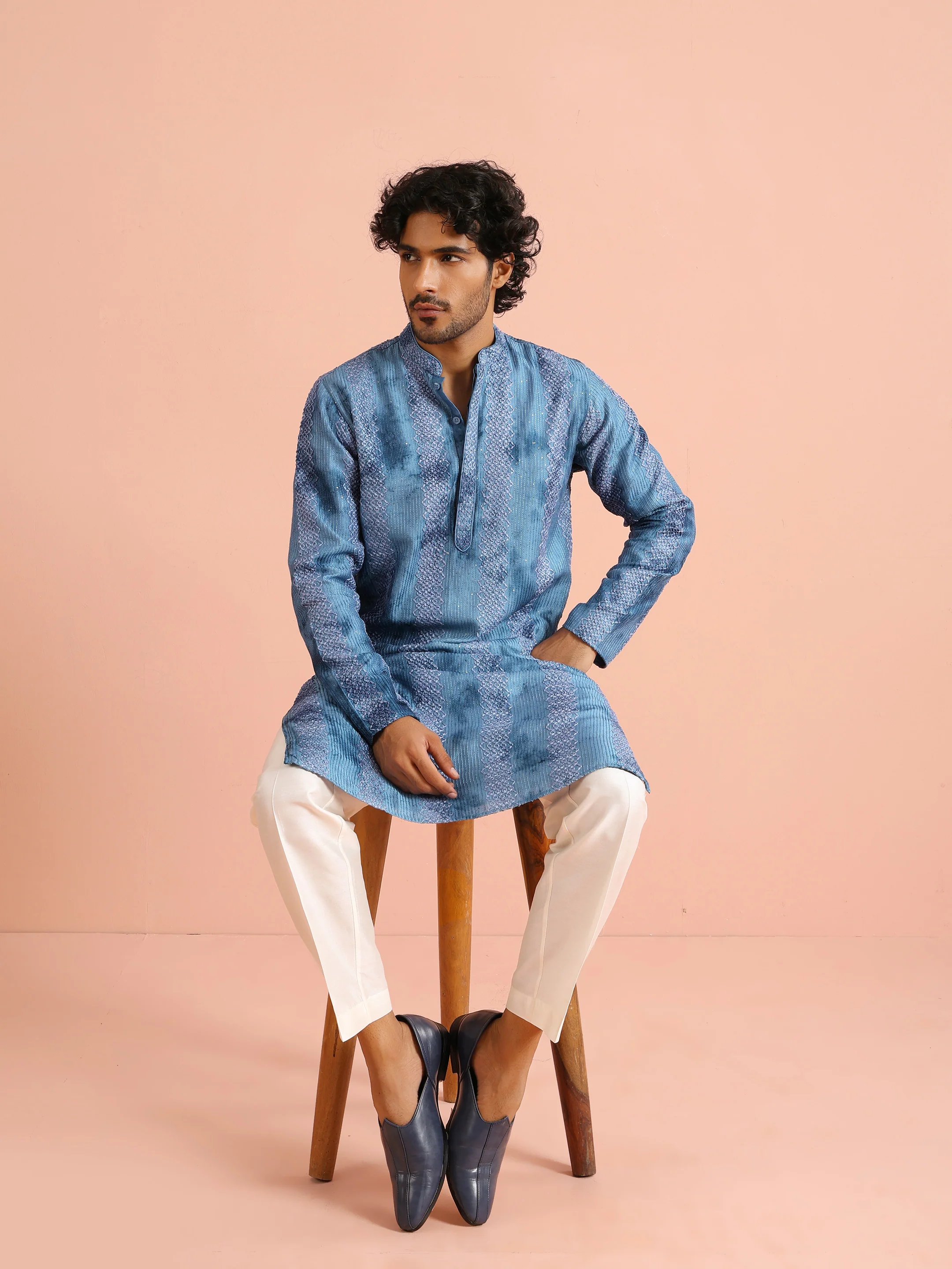 Blue Striped Printed Kurta - Image 6