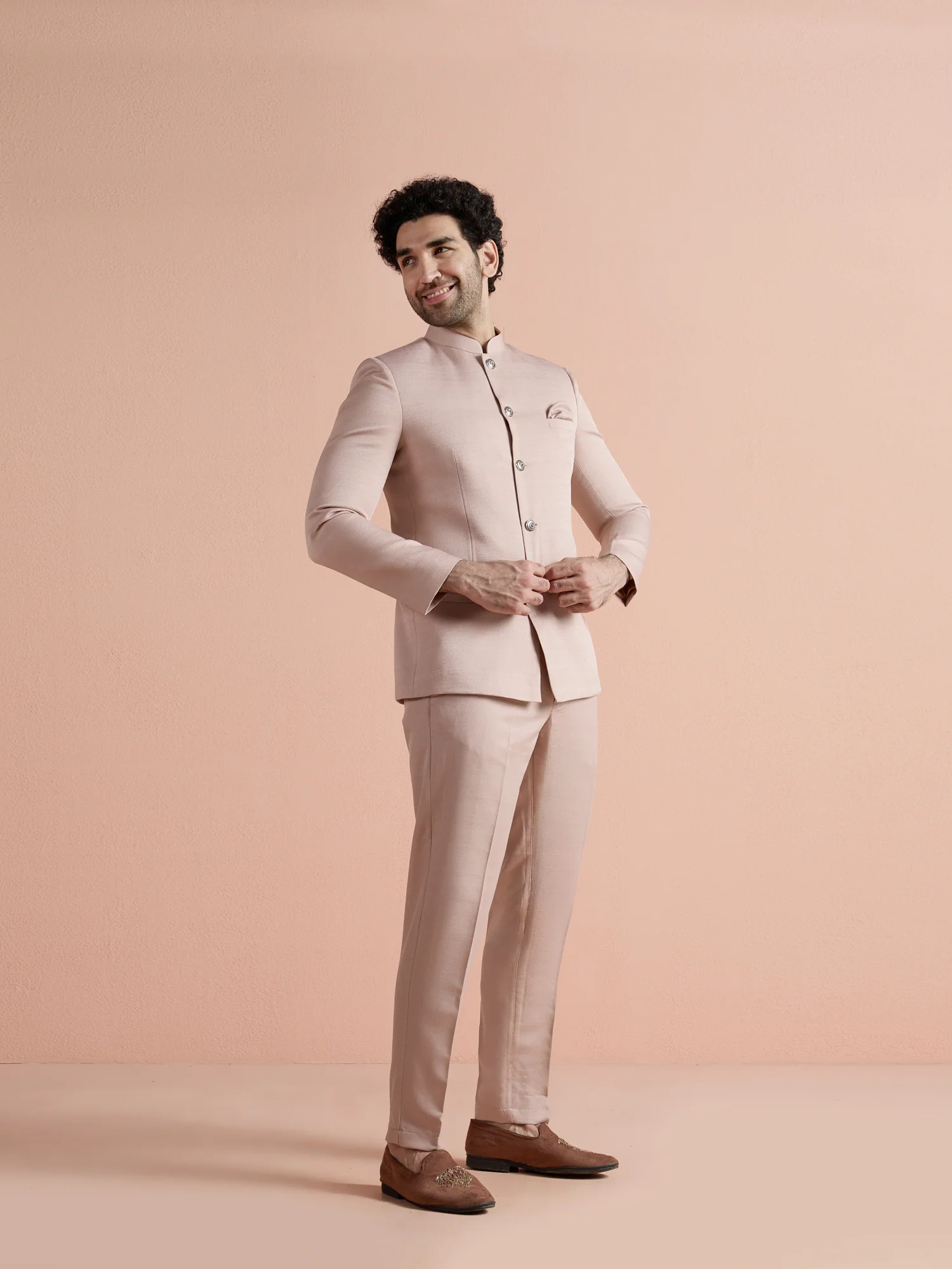 Blush Pink Poly Viscose Solid Bandhgala Trouser Set - Image 2