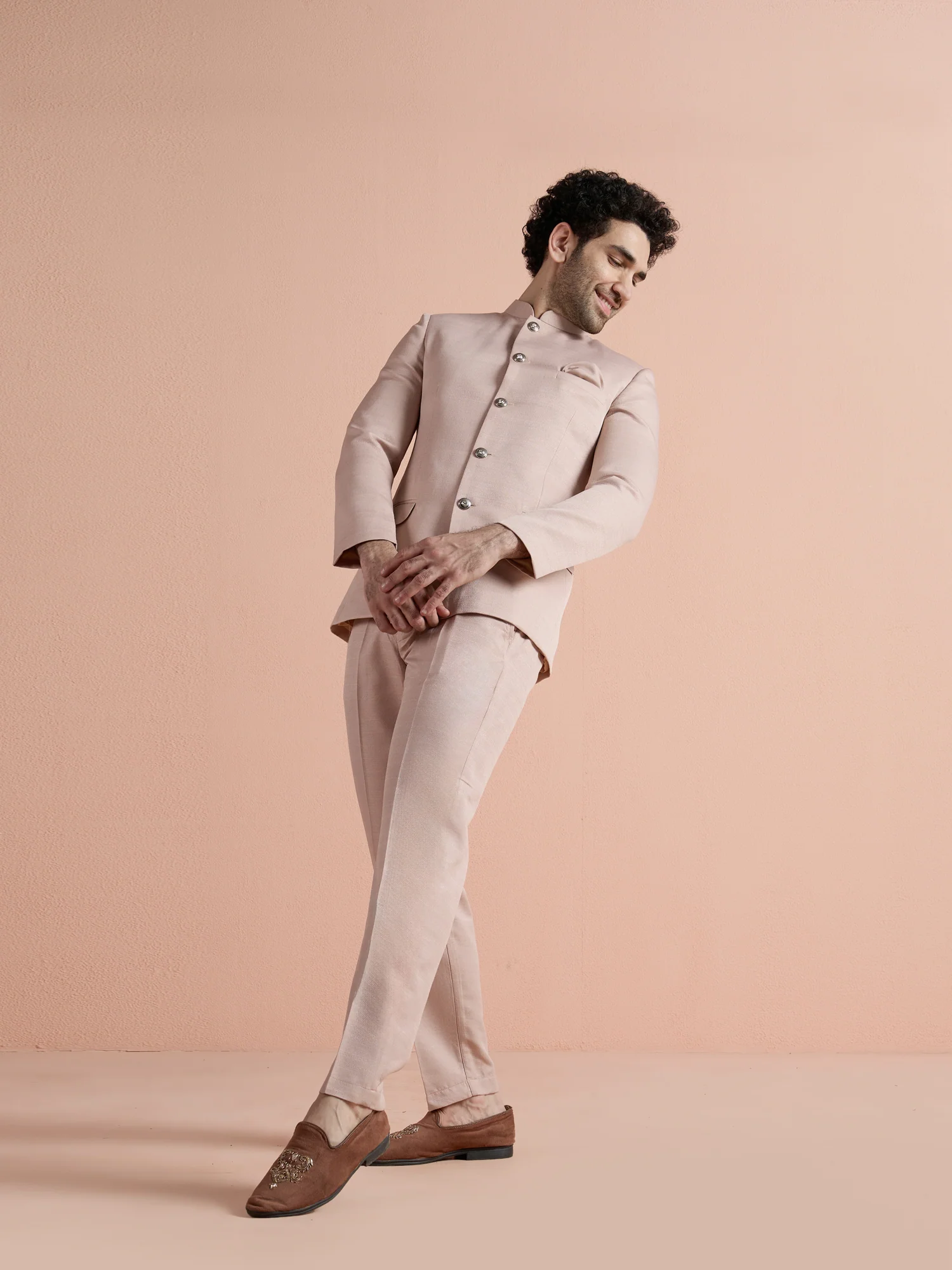 Blush Pink Poly Viscose Solid Bandhgala Trouser Set - Image 3