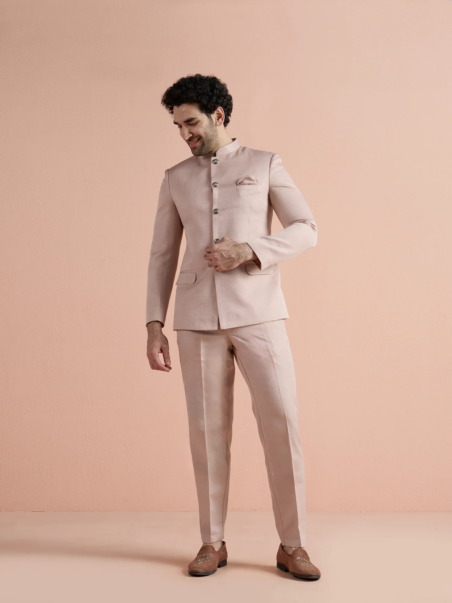 Blush Pink Poly Viscose Solid Bandhgala Trouser Set - Image 8