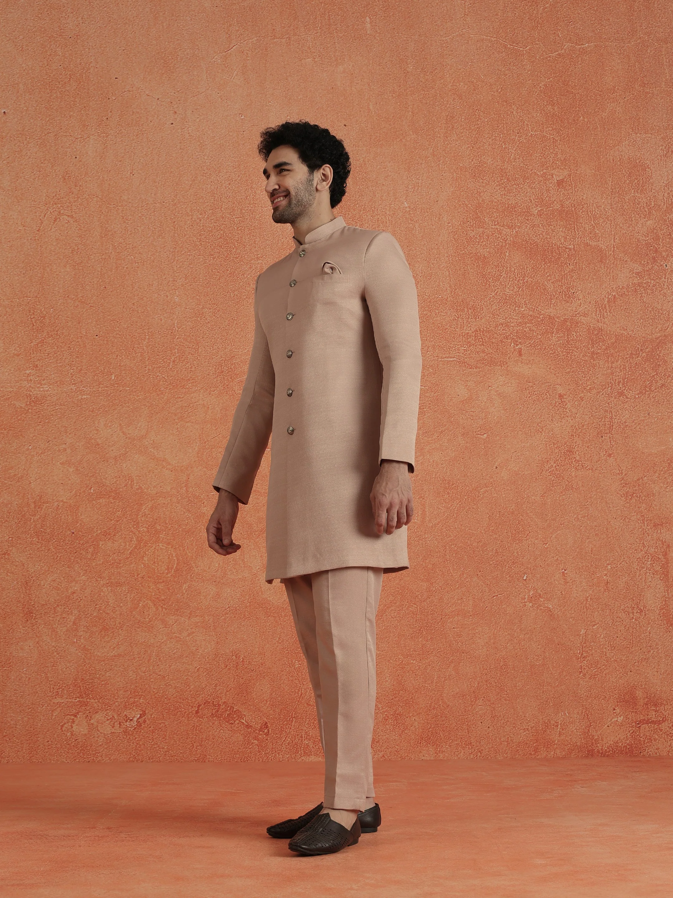 Blush Pink Polyviscose Solid Sherwani Trouser Set - Image 2